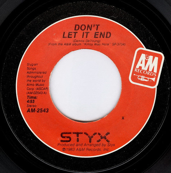 Styx - Don't Let It End - Vinilo 7" 45 RPM Reacondicionado