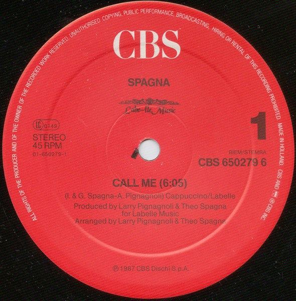 Spagna - Call Me - Reacondicionado - Vinilo 12" (1987)